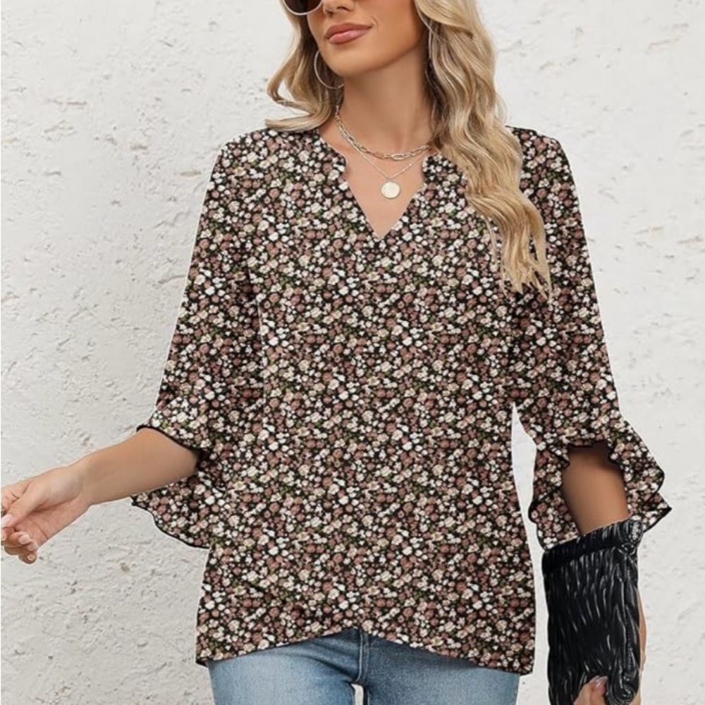 Floral V-Neck Blouse - Brown and White - Picture 2 of 5